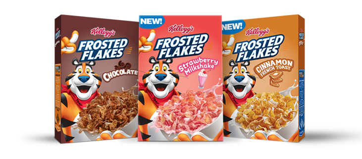 Three Frosted Flakes flavor cereal boxes